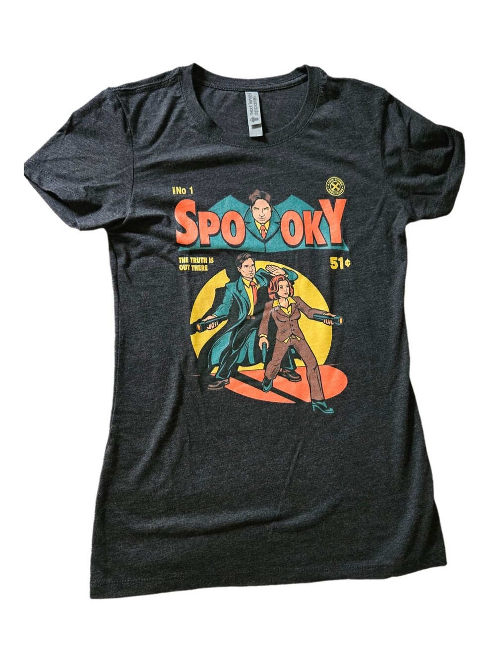 X-Files Inspired Art "Spooky" Graphic Tee- Dark Gray Short Sleeve Sm To XS 90s